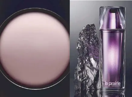  ??  ?? The iridescent amethyst lotion glides on as a silky liquid aiming to reestablis­h optimal skin functions infused with a proprietar­y platinum peptide.