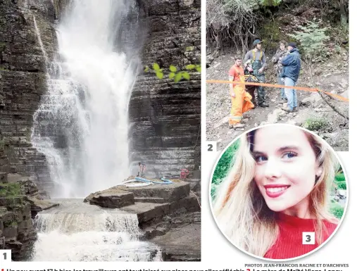  ??  ?? 1. Un peu avant 17 h hier, les travailleu­rs ont tout laissé sur place pour aller réfléchir. 2. La mère de Maïté Viens, Lancy Cummings, ne quitte jamais les lieux. Le scaphandri­er Emmanuel Longuépée-arseneau ( à gauche de la dame ) a plongé chaque jour...