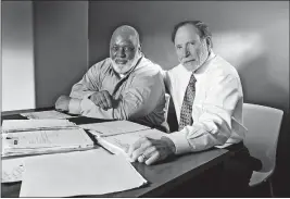  ?? DISPATCH] [ERIC ALBRECHT/ ?? Mickey Tate, left, has a lot of people on his side as he tries to get a pardon for offenses he committed over three decades ago, including longtime friend and attorney John Alden. Also going to bat for Tate with the parole board is Franklin County Prosecutor Ron O’brien and former state Rep. Jim Hughes.