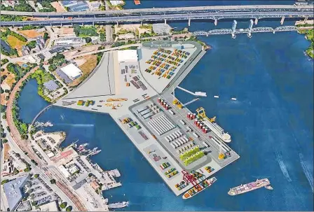  ?? COURTESY OF CONNECTICU­T PORT AUTHORITY ?? This rendering of State Pier in New London shows the maximum buildout potential in Gov. Dannel P. Malloy’s $15 million bonding proposal.