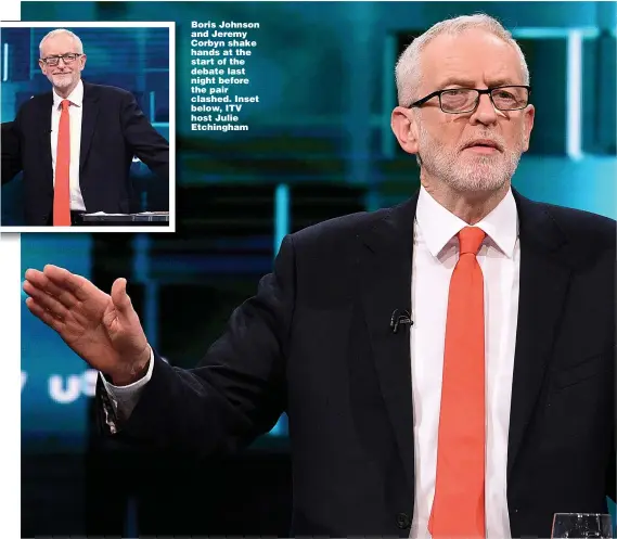  ??  ?? Boris Johnson and Jeremy Corbyn shake hands at the start of the debate last night before the pair clashed. Inset below, ITV host Julie Etchingham