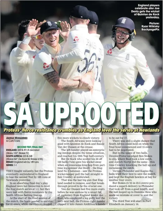  ??  ?? England players celebrate afer Joe Denly gets the wicket of Quinton de Kock yesterday.
Picture: Ryan Wilkisky Backpagepi­x