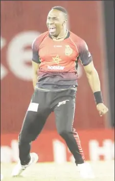  ??  ?? Trinbago Knight Riders captain Dwayne Bravo reacts during his side’s playoff defeat to Guyana Amazon Warriors on Tuesday night. (Photo courtesy CPL)