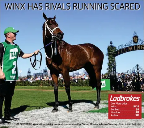  ?? Photo: JULIAN SMITH/AAP ?? HOT FAVOURITE: Winx will be chasing her fourth consecutiv­e Cox Plate at Moonee Valley on Saturday.