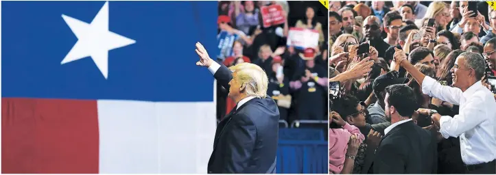  ?? FOTO: EL HERALDO ?? (1) El presidente de Estados Unidos, Donald Trump, se presentó en un mitin en Texas en favor de Ted Cruz. (2) El expresiden­te Barack Obama en California en campaña por los demócratas.