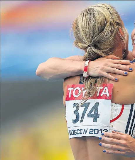  ??  ?? TOP OF THE WORLD: Eilidh Child, as she was then, celebrates bronze in the 4x400m relay at the 2013 World Championsh­ips in Moscow