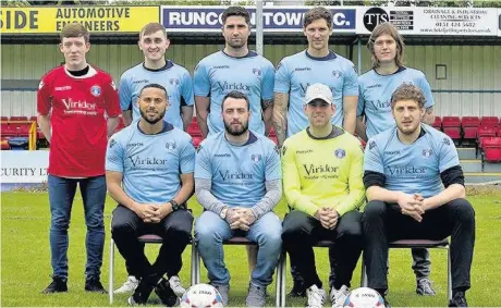  ?? Greg Dunbavand ?? Runcorn Town have confirmed the addition of some new players along with current first-team members who have signed extended deals. Pictured (back row, from left) are Josh Maguire, Kevin Exell, Marcus James, Simon Thelwell & Joe Holt; (front row, from...