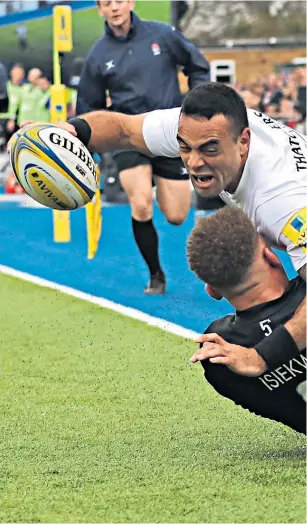  ??  ?? Bath sunk: Kahn Fotuali’i is stopped by Nick Isiekwe; (right) Jonathan Joseph on crutches after injuring an ankle