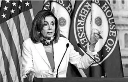  ?? SUSAN WALSH/AP ?? House Speaker Nancy Pelosi is firmly against the coronaviru­s liability plan, looking instead to install emergency workplace regulation­s to protect health care workers.