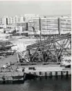  ??  ?? 1978. A jack-up oil rig being built on the Creek side at the McDermott yard on the site of the modern-day dhow wharfage between the present Maktoum Bridge and the Dubai Chamber of Commerce and Industry building.