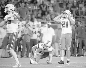  ?? PHELAN M. EBENHACK/AP ?? Miami kicker Bubba Baxa reacts after missing a field-goal attempt against Florida on Aug. 24 in the season opener.