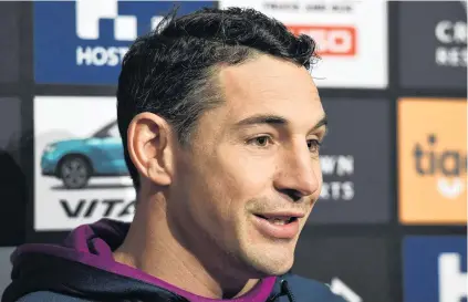  ?? PHOTO: GETTY IMAGES ?? Talking up a storm . . . Melbourne fullback Billy Slater talks at a media session in Melbourne yesterday.