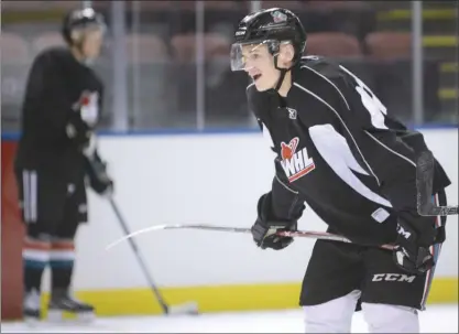  ?? GARY NYLANDER/The Daily Courier ?? Kelowna Rockets defence prospect Kaedan Korczak cracks a smile during a training-camp practice last Wednesday at Prospera Place.