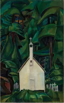  ??  ?? Church at Yuquot Village 1929 Emily Carr oil on canvas, 108.6 x 68.9 cm Why do you think the artist included the cemetery? Which looks stronger — the church or the trees?