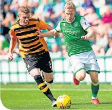  ??  ?? Hibees’ Irish import Daryl Horgan in Betfred Cup action