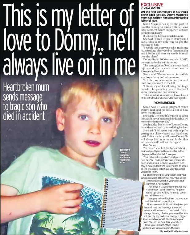  ??  ?? TRIBUTE Donny Maguire, and below, his mum’s letter