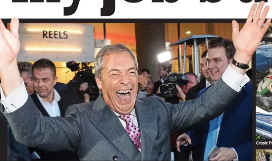  ??  ?? Victory at last: Nigel Farage celebrates as pro-Brexit results are announced on June 24, the day after the EU referendum Crash: Pulled from the wreckage of his plane in 2010