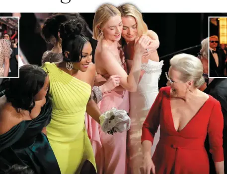  ??  ?? From above, left to right: Director Martin McDonagh and Phoebe Waller Bridge arrive at the ceremony; Actors Octavia Spencer, Tiffany Haddish, Saoirse Ronan, Margot Robbie and Meryl Streep react after Frances McDormand’s Best Actress acceptance speech;...