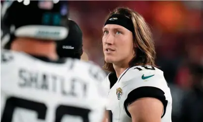  ?? Photograph: Chris O’Meara/AP ?? Jacksonvil­le Jaguars quarterbac­k Trevor Lawrence (16) paces in the bench area after he was injured during the second half of Sunday’s game against the Tampa Bay Buccaneers.