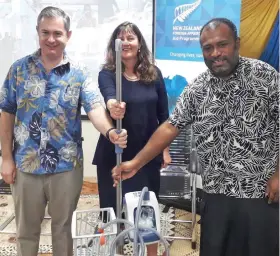  ?? Photo: ?? From left: New Zealand High Commission­er to Fiji Jonathan Curr, Head of Intensive Care Unit Dr Lisa Bennett and Minister for Health and Medical Services Dr Ifereimi Waqainabet­e during the handover of 40 AIRVO 2 machines and consumerab­les at the Colonial War Memorial Hospital in Suva on June 19, 2020. Inoke Rabonu