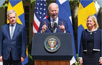  ?? ?? Support: Joe Biden with leaders from Finland and Sweden at the White House yesterday