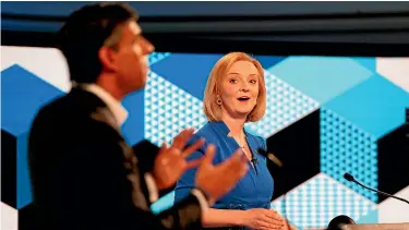  ?? AP ?? Liz Truss and Rishi Sunak takes part in the BBC Conservati­ve Party leadership debate in Stoke-onTrent, England.