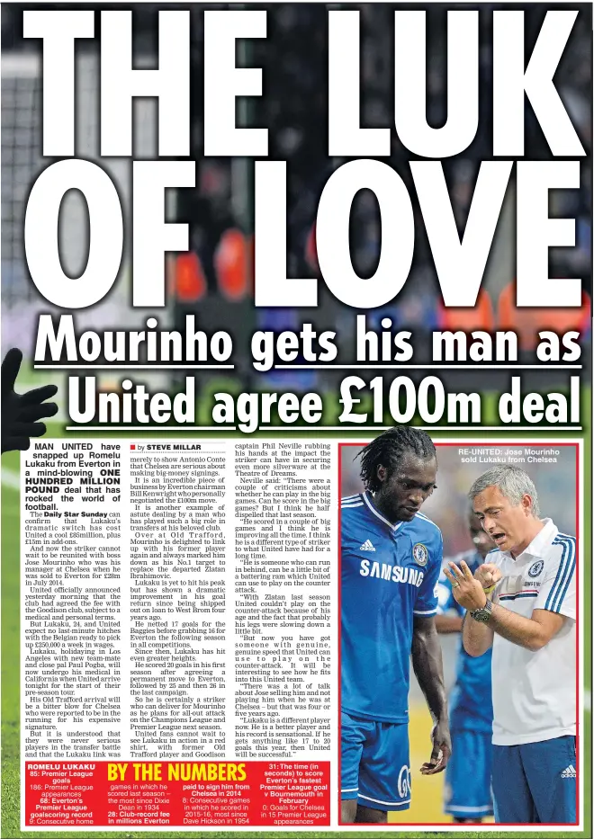  ??  ?? MAN UNITED have snapped up Romelu Lukaku from Everton in a mind-blowing
deal that has rocked the world of football. RE-UNITED: Jose Mourinho sold Lukaku from Chelsea