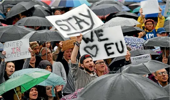  ?? PHOTO: GETTY IMAGES ?? Protesters gathered in Trafalgar Square, London, on Tuesday to demonstrat­e against the EU referendum result.