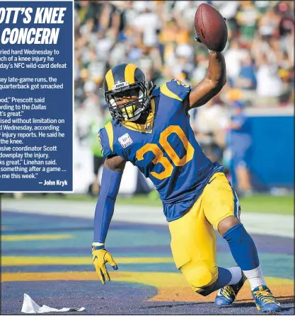  ?? — GETTY IMAGES ?? Rams running back Todd Gurley is back practising on a limited basis after missing the final two games of the regular season, but is not a lock to face the Cowboys on Sunday.