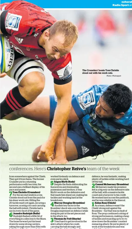  ?? Photo / Photosport ?? The Crusaders’ loosie Tom Christie stood out with his work rate.