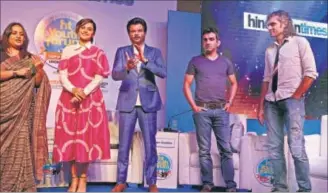  ?? HT PHOTOS: SANJEEV SHARMA, RAVI KUMAR, KESHAV SINGH AND ANIL DYAL ?? The star panelists, director Imtiaz Ali (extreme right), cricketer Gautam Gambhir, actor Anil Kapoor and Pink star Taapsee Pannu with the moderator, HT’s National Entertainm­ent and Lifestyle Editor Sonal Kalra