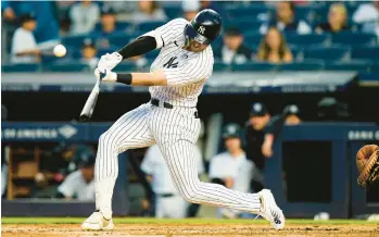  ?? FRANK FRANKLIN II/AP ?? The Yankees’ Joey Gallo hits a single during the fourth inning against the Angels in Game 2 of a doublehead­er June 2 in New York.