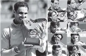  ??  ?? Rafael Nadal y las once fotos que se ha tomado con el trofeo de Montecarlo.