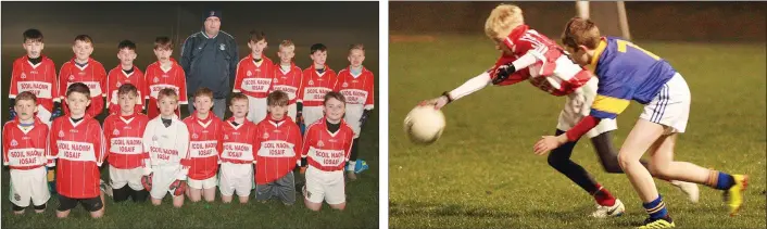  ??  ?? The Gorey boys with mentor Pádraig Cronin. Stephen Murphy of Gorey stretches to keep the ball away from Rowan O’Keeffe (Taghmon).