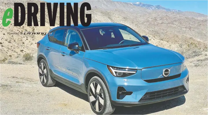  ?? GRAEME FLETCHER/DRIVING.CA ?? The 2022 Volvo C40 Recharge offers new exterior styling details but is heavily based on the XC40. At the heart of the C40 is a 78-kilowatt-hour battery.