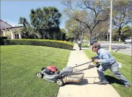  ??  ?? A GARDENER mows a lawn in Beverly Hills. One proposal would require customers to make 30% cuts, but would not impose penalties based on usage.