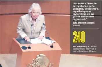  ??  ?? En el Senado, Olga Sánchez Cordero, futura titular de Gobernació­n, señaló que la iniciativa que presentó para regular la marihuana tendrá que adecuarse a la Ley General de Salud vigente.