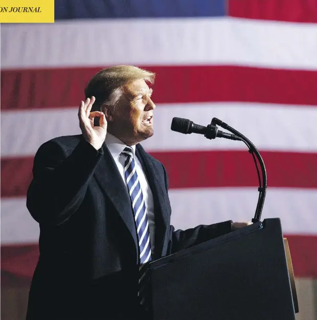  ?? EVAN VUCCI / THE ASSOCIATED PRESS ?? U.S. President Donald Trump speaks at a campaign rally in Columbia, Mo., on Thursday, ahead of Tuesday’s key congressio­nal elections.