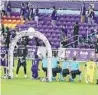  ?? STEPHEN M. DOWELL/ORLANDO SENTINEL ?? Nashville SC players, referees and Orlando City captain Nani kneel during the national anthem Wednesday at Exploria Stadium.