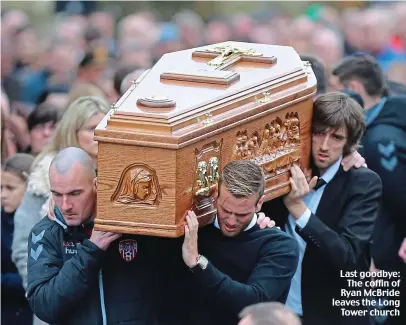  ??  ?? Last goodbye: The coffin of Ryan McBride leaves the Long Tower church