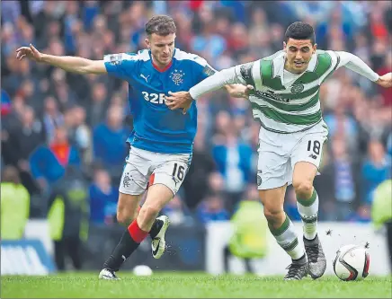  ??  ?? GRIT: Rangers’ Andy Halliday, who had a superb game at Hampden yesterday, keeps tabs on Tom Rogic