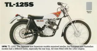  ??  ?? 1976: TL 125S: The Japanese and American models remained similar; the European and Australian models had a different frame, especially the rear loop. All were fitted with the 124cc engine.