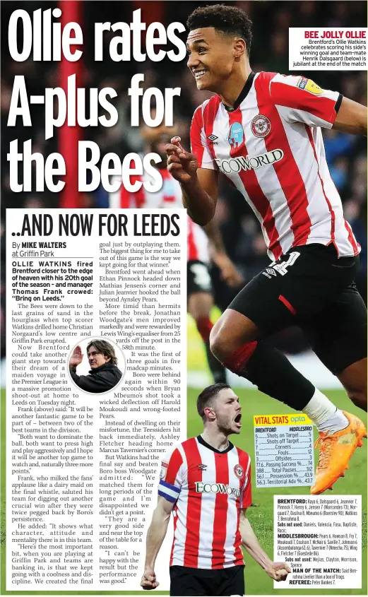  ??  ?? BEE JOLLY OLLIE
Brentford’s Ollie Watkins celebrates scoring his side’s winning goal and team-mate
Henrik Dalsgaard (below) is jubilant at the end of the match