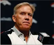  ?? AP FILE PHOTO BY DAVID ZALUBOWSKI ?? John Elway, general manager of the Denver Broncos, speaks during a news conference at the NFL team’s headquarte­rs in Englewood, Colo. The Broncos are the first team in the NFL to kick off training camp Thursday, with Emmanuel Sanders on hand and Drew Lock.