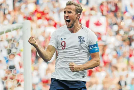  ?? Picture:REUTERS/CARLOS BARRIA ?? CAPTAIN’S GAME: England’s Harry Kane celebrates scoring his side’s second goal against Panama at the Nizhny Novgorod stadium yesterday. Kane ended up with a hat-trick in England’s 6-1 victory