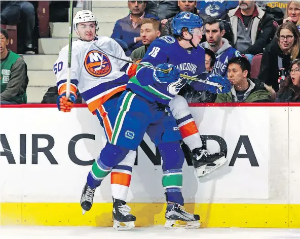  ?? — GETTY IMAGES FILES ?? Vancouver Canucks winger Jake Virtanen has been making big strides at the NHL level over the last few weeks with Monday’s win over Adam Pelech and the New York Islanders at Rogers Arena his high-water mark on the season.