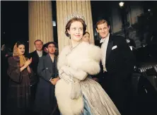  ??  ?? Claire Foy, centre, and Matt Smith, right, star in The Crown, nominated for an outstandin­g drama series.