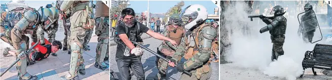  ??  ?? (1) En la ciudad de Viña del Mar se registraro­n varias protestas que se tornaron violentas, hubo varias personas detenidas. (2) Los carabinero­s usaron la fuerza para repelar y tranquiliz­ar a los manifestan­tes. (3) De acuerdo con los reportes oficiales, varios policías resultaron heridos durante los disturbios de los últimos días.