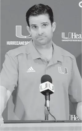  ?? MIKE STOCKER/SUN SENTINEL ?? Miami head coach Manny Diaz talks during a press conference on Feb. 5.
