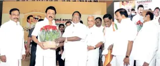  ??  ?? Congress leader and former CM of Puducherry V Narayanasa­my greeting DMK president MK Stalin on his birthday in Chennai on Monday